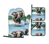 WHJSSF Ensemble de 4 maniques et maniques motif éléphant asiatique dans l'eau - Résistant à la chaleur, imperméable et durable