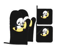 WHJSSF Ensemble de 4 pièces de cuisine imprimé panda sur une banane comprenant 2 gants isothermes et 2 coussinets pour couvercles de casserole avec poches, anti-brûlure et isolation thermique