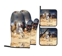 WHJSSF Ensemble de cuisine avec 4 maniques résistantes à la chaleur, imperméables et faciles à nettoyer pour cuisiner, griller et servir Motif cheval dans le désert