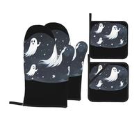 WHJSSF Ghosts Flying across the sky Printing Kitchen Baking Set de 4 pièces comprenant 2 gants isolants et 2 coussinets pour couvercles de casserole avec poches anti-brûlures et isolation thermique