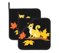 WHJSSF Lot de 2 tapis de casserole isolants carrés épais et durables pour isolation thermique pour micro-ondes, four et barbecue en extérieur Motif belette jaune sur feuille d'érable