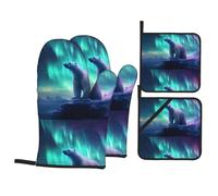WHJSSF Northern Lights Ensemble de 4 maniques et maniques avec motif ours polaire - Résistant à la chaleur, imperméable et durable