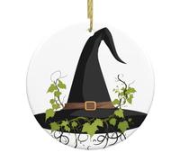 WHJSSF Pendentif rond à suspendre en forme de sapin de Noël en forme de vigne sur chapeau de sorcière - 7,4 cm - Porcelaine blanche exquise - Suspension facile