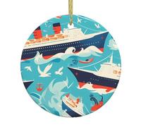 WHJSSF Pendentif rond en céramique à suspendre en forme de bateau de croisière - 7,4 cm - Équipé d'un cordon en fil doré durable