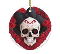 WHJSSF Pendentif rond en céramique à suspendre en forme de crâne de sorcière rose - 7,4 cm - Porcelaine blanche exquise - Suspension facile