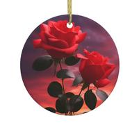 WHJSSF Pendentif rond en céramique à suspendre en forme de sapin de Noël avec deux roses rouges - 7,4 cm - Porcelaine blanche exquise - Suspension facile