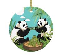 WHJSSF Pendentif rond en céramique avec deux jolis grands pandas - 7,4 cm - Ajoutez une atmosphère festive aux fêtes de fin d'année