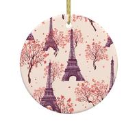 WHJSSF Pendentif rond romantique en céramique à suspendre en forme de tour Eiffel de Paris - 7,4 cm - Équipé d'un cordon métallique doré durable