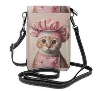 WHJSSF Petit sac à main pour téléphone portable 19,3 x 12,4 cm, chapeau de chef rose, petit chat, étui à rabat en cuir pour femme, parfait pour la marche, le camping