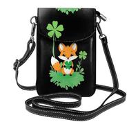 WHJSSF Petit sac à main pour téléphone portable 19,3 x 12,4 cm, petit renard tenant un trèfle en cuir imprimé, étui à rabat pour téléphone, parfait pour la marche, le camping