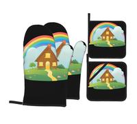 WHJSSF Rainbow Little House Lot de 4 ustensiles de cuisine avec 2 gants isolants et 2 coussinets pour couvercles de casserole avec poches anti-brûlures et isolation thermique