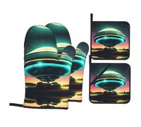 WHJSSF UFO At Night Prints Lot de 4 jetés de four imperméables et couvre-casseroles résistants à la chaleur - Couches de cuisine durables pour griller et cuire