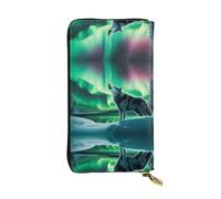 WHJWXC Portefeuille en cuir 19 x 10,5 cm - Portefeuille élégant et durable pour femme avec plusieurs compartiments et fermeture éclair Motif loups hurlant dans les aurores boréales, noir, taille