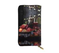 WHJWXC Portefeuille en cuir 19 x 10,5 cm - Portefeuille élégant et durable pour femme avec plusieurs compartiments et fermeture éclair, motif raisin et vin, noir, taille unique, Noir , Taille unique