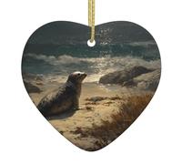 WHJWZY Pendentif de Noël en céramique en forme de cœur - pour accrocher un arbre, des décorations de festival, des cadeaux de fête de vacances et plus encore l'impression d'otaries sur la côte