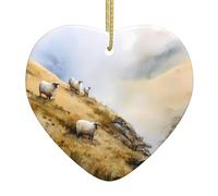 WHJWZY Pendentif de Noël en céramique en forme de cœur - pour suspendre un arbre, des décorations de festival, des cadeaux de fête de vacances et plus encore impression mouton sur la colline