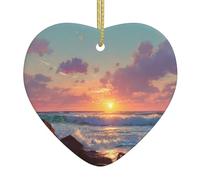 WHJWZY Pendentif de Noël en céramique en forme de cœur - pour suspendre un arbre, des décorations de festival, des cadeaux de fête de vacances et plus encore sur l'image du lever du soleil sur la côte