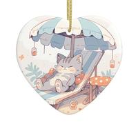WHJWZY Pendentif de Noël en céramique en forme de cœur - pour suspendre un arbre, des décorations de festival, des cadeaux de fête de vacances, et plus encore petit chat gris se prélassant au soleil