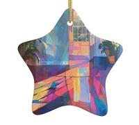 WHJWZY Pendentif de Noël en céramique en forme d'étoile à suspendre pour sapin - Idéal pour les maisons - Fête de vacances Magnifique motif coloré de lumière et d'ombre