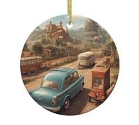 WHJWZY Pendentif de Noël rond en céramique pour décoration festive et cadeau Motif voitures dans le château