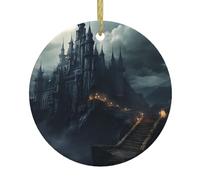 WHJWZY Pendentif rond de Noël en céramique pour décoration festive et cadeau Motif château d'horreur sombre