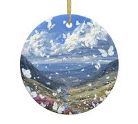 WHJWZY Pendentif rond de Noël en céramique pour décoration festive et cadeau Motif papillon blanc dans la vallée