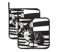 WHJYYXDE Lot de 2 maniques 20,3 x 20,3 cm pour cuisine - Isolation durable - Tissu imperméable - Motif chaton rayé noir et blanc