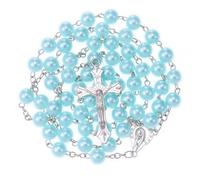 WHLHMK Chapelet pour femme avec boîte, collier catholique en cristal bleu, boîte à bijoux vintage, perles de prière anglicane, cadeaux chrétiens, cristal, alliage de zinc, cuir, Pas de gemme