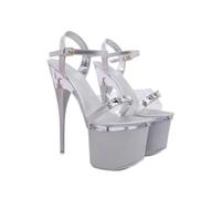 WHLL Escarpins pour Femmes, Sandales à Plateforme pour Femmes avec Talon de 17 cm, Dessus Transparent avec Strass, Chaussures Sexy pour fête et Pole Dance,Argent,35.5 EU