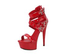 WHLL Escarpins pour Femmes, Sandales en Cuir Verni pour Femmes avec lanières à Clous, Talon Haut de 15 cm avec Plateforme, Chaussures à Bout Ouvert, Chaussures de Danse pour Pole Dance,Rouge,42 EU