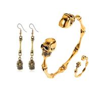 Whltzf Parure de bijoux en forme de tête de mort avec breloques squelette et boucles d'oreilles, bagues, ornements sur le thème d'Halloween, bijoux polyvalents pour les fêtes, bijoux punk