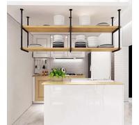 Whnoorher Étagère de Rangement de Cuisine Suspendue au Plafond, étagère en Bois à 2 Niveaux avec Cadre en métal et Fer, étagères suspendues, égouttoir à Vaisselle de Restaurant(2-Layer 120x30x80cm)