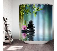 Whoiy Rideau de Douche Anti-Moisissure Fleur Zen Bambou - Polyester Blanc, 150x180cm, Bleu