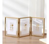 Whoiy Triple Cadres Photos Or Acrylique Pliables Vertical pour Bureau Multiple 3 Photo, Cadre Photo 10x15 cm en Metal Rotatif pour l'affichage de la Chambre du Salon
