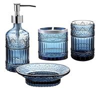 WHOLE HOUSEWARES Ensemble d'accessoires de Salle de Bain en Verre mosaïque 4 pièces, Distributeur de Savon, Plateau/Porte-Savon (Bleu)