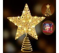 WHOLEV Dorée Cime d'arbre de Noël, 25cm Étoile Sommet en Fil Doré Pailleté avec MINUTERIE, Alimenté par Pile ou USB, 20 Lumières LED Étoile ILLUMINÉE de l'arbre pour Fêtes et Décorations Domestiques
