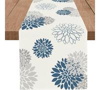 WHOMEAF Chemin de Table Bleu et Gris, Motif Dahlia pinnata, Moderne, élégant, Pompon, Style Ferme, décoration géométrique pour Maison, Salle à Manger, fête, entrée (33 x 183 cm)