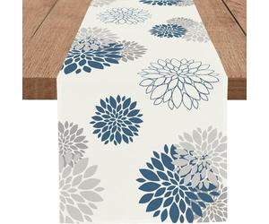 WHOMEAF Chemin de Table Bleu et Gris, Motif Dahlia pinnata, Moderne, élégant, Pompon, Style Ferme, décoration géométrique pour Maison, Salle à Manger, fête, entrée (33 x 183 cm)