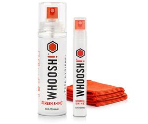 WHOOSH! Kit de Nettoyage pour Écran Screen Shine Duo - Nettoyant écran double format, Idéal pour Smartphones, iPad, Lunettes, Kindle, écran tactile et téléviseurs - Chiffon 15x15cm et Spray 8ml/100ml
