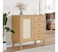 WHOPBXGAD Buffet de Rangement SENJA en Pin Massif 80x40x80 cm avec Aspect Rotin, 4 Tiroirs et 2 Portes, Meuble TV Salon Salle à Manger, Vernis UV, Marron