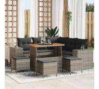 WHOPBXGAD Ensemble Salon de Jardin 9 Pièces Gris Modulable avec Coussins, Canapé d'angle, Table et Poufs en Polyrotin et Bois d'Acacia pour Terrasse, Jardin, Extérieur