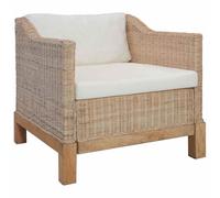 WHOPBXGAD Natural Rattan Armchair with Cushions, Comfortable Lounge Chair for Living Room and Patio, Thick Removable Cushions, Durable Solid Wood Frame, Cream White Fabric, Indoor Use Only