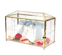 WHSLILR Boîte à cartes en verre de 32 cm avec serrure pour réception de mariage, décoration d'intérieur, grand terrarium géométrique fait à la main avec couvercle à charnière, cadre en laiton (doré