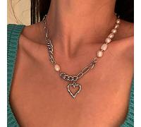 WHSY127 Collier Pendentif Coeur Argent Creux Coeur Ras du Cou Amour Coeur Collier chaîne de Perles Perle Tour de Cou Lien chaîne Collier Punk Trombone Collier Bijoux pour Femmes Adolescentes