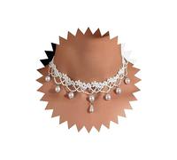 WHSY127 Collier Ras du Cou bohème en Dentelle Blanche avec Pompon en Perles d'argent Pendentif en Perles - Collier Ras du Cou Vintage avec Motif Floral Rose - Collier Court pour clavicule -