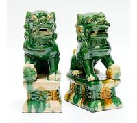 WHSY127 Paire de Statues de Chien Foo en céramique, Figurines de Lion Gardien Chinois émaillées Marron, décoration de Protection Feng Shui, Chiens de Temple asiatiques orientaux, entrée intérieure