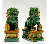 WHSY127 Paire de Statues de Chien Foo en céramique, Figurines de Lion Gardien Chinois émaillées Marron, décoration de Protection Feng Shui, Chiens de Temple asiatiques orientaux, entrée intérieure