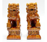 WHSY127 Paire de Statues de Chien Foo en céramique, Figurines de Lion Gardien Chinois émaillées Marron, décoration de Protection Feng Shui, Chiens de Temple asiatiques orientaux, entrée intérieure ou