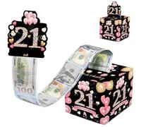 WHSY127 Tirelire Joyeux Anniversaire pour Cadeau en espèces, Noir Rose, boîte Cadeau Surprise pour Filles, Cadeaux de 21e Anniversaire, gâteau d'argent avec Carte de Joyeux Anniversaire, boîte à