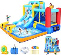Whubefy Maison gonflable à double toboggan de 3,7 x 3 m pour enfants, parc aquatique gonflable avec 2 toboggans, piscine géante, zone de saut, mur d'escalade et 2 canons à eau
